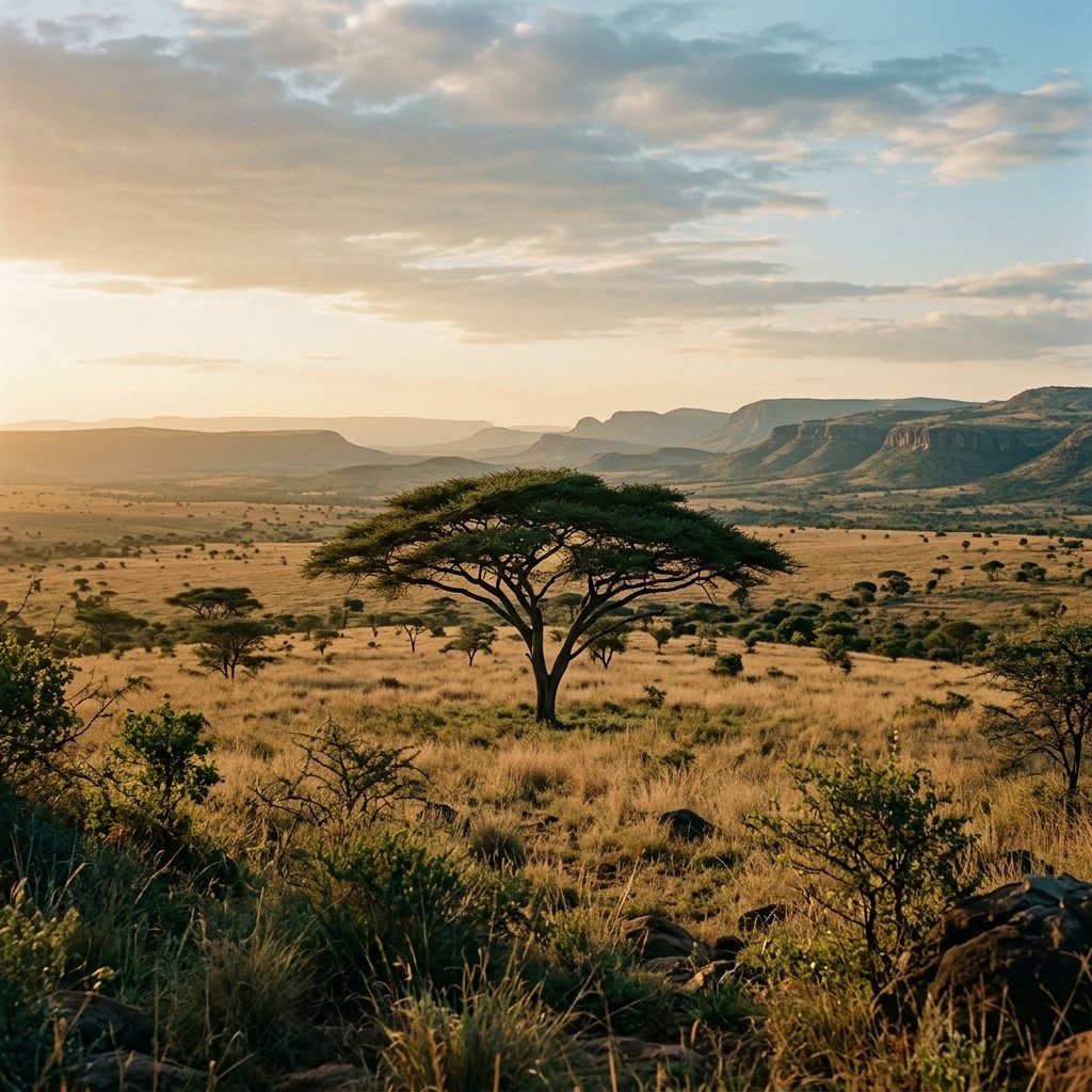 Afrika-bosveld met 'n akasiaboom en heuwels