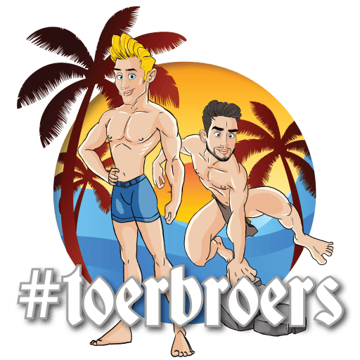 Toerbroers logo featuring two illustrated travellers and palm trees