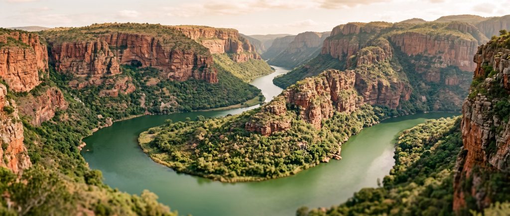 Die Blyderivier-canyon met rooi sandsteenkranse en die groen rivier wat deur die kloof kronkel